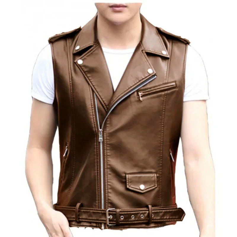 Black Collar Sleeveless PU Vest Jacket Men's Single-breasted Up and Down with Pockets Faux Leather Vests Coat S M L XL XXL XXXL