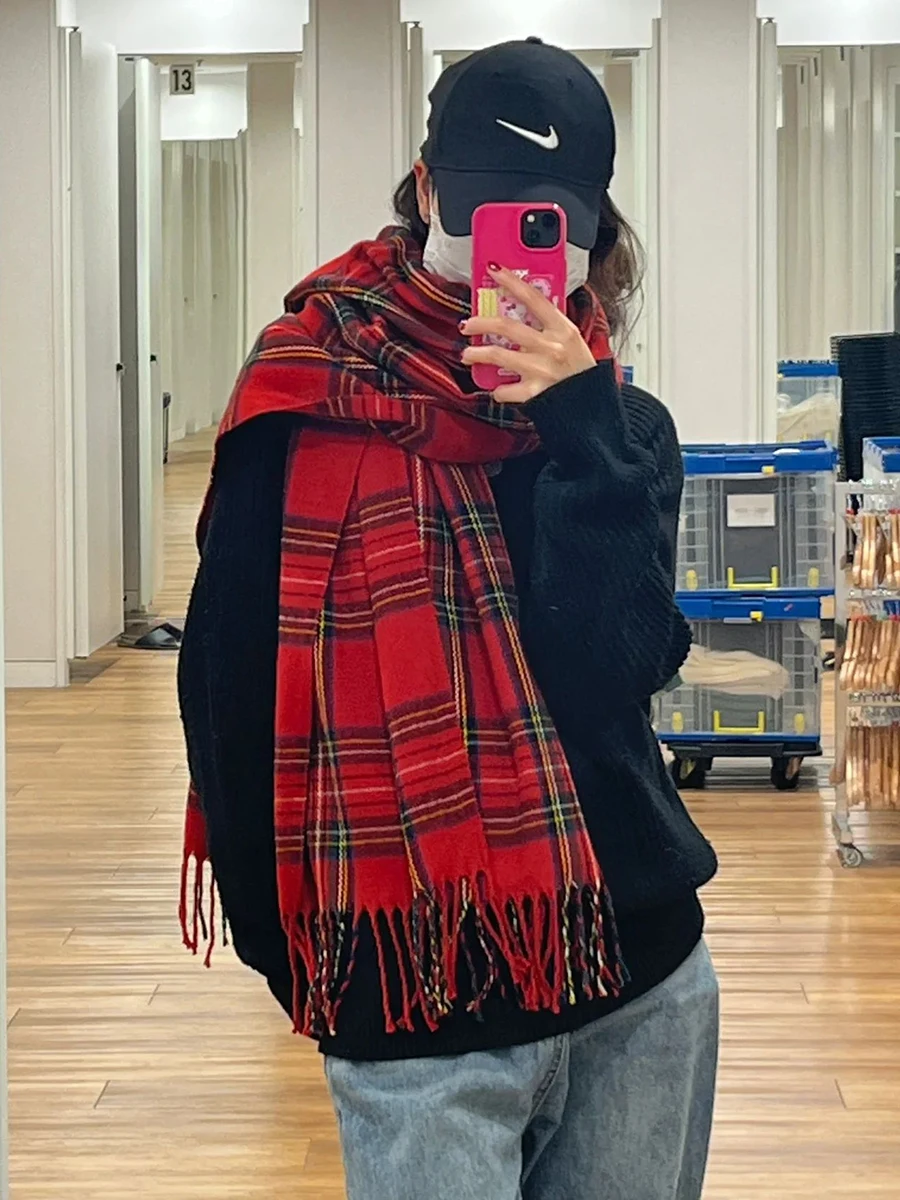 New Red Plaid Tassel Scarf For Women Autumn Winter Unisex Warm Long Size Casual Fashion Vintage Preppy Style Scarves 2024