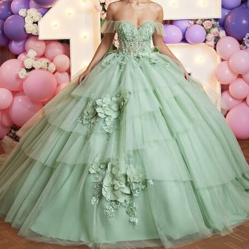 

Mint Green Shiny Quinceanera Dresses Princess Sweet 16 Years Birthday Party Lace Appliques Flower Tull Tiered Vestidos 15 De