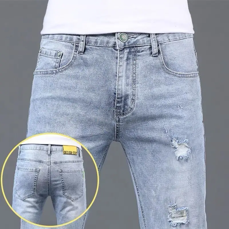 New Arrival Summer Men's Light-Colored Jeans Skinny Fit Korean Style Casual Denim Stretch Wash  Distressed Luxury Clothing Jeans