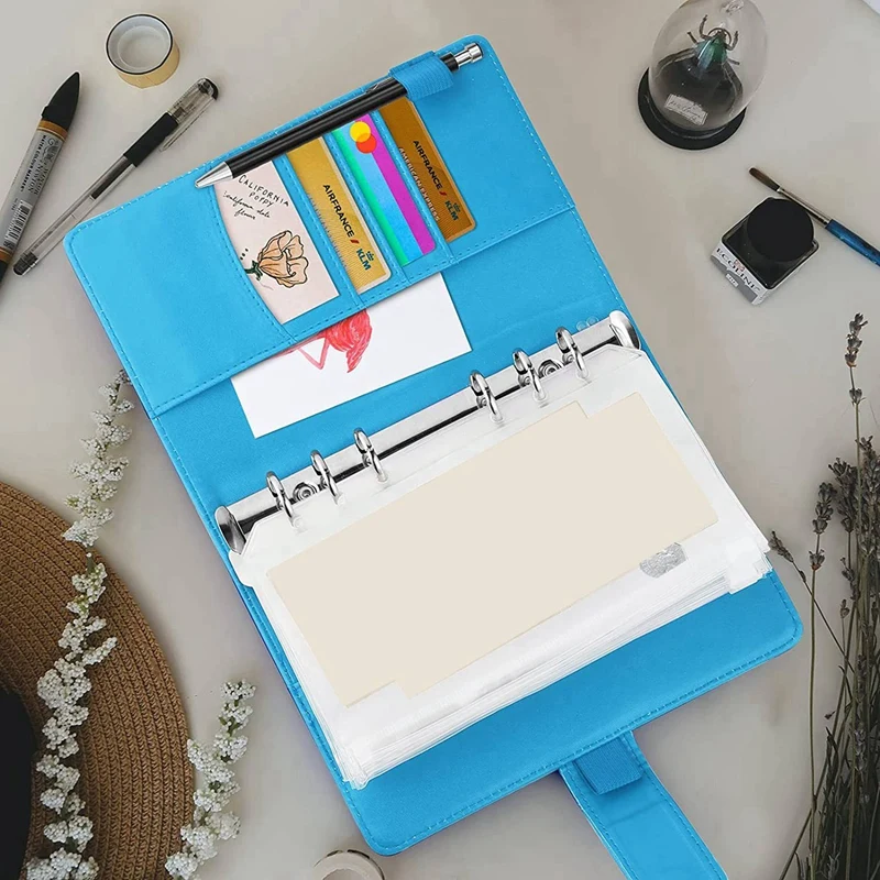 50Pcs A6 PU Leather Budget Binder Set, Binder Cover Personal Planner Binder For Money Saving Cash Envelopes System Blue