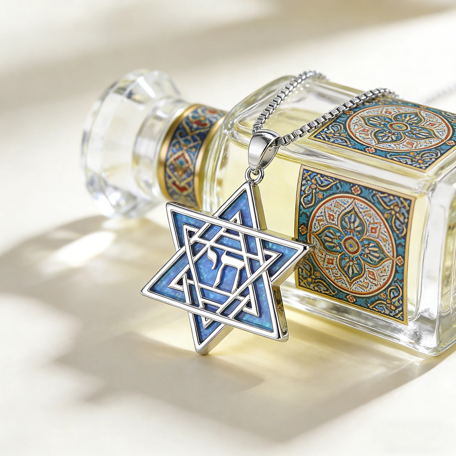 Vintage Blue Opal Star of David Necklace,Hollow Out Hexagram Silver Color Pendant,Jewish Jewelry,Trendy Israel Symbol Choker for