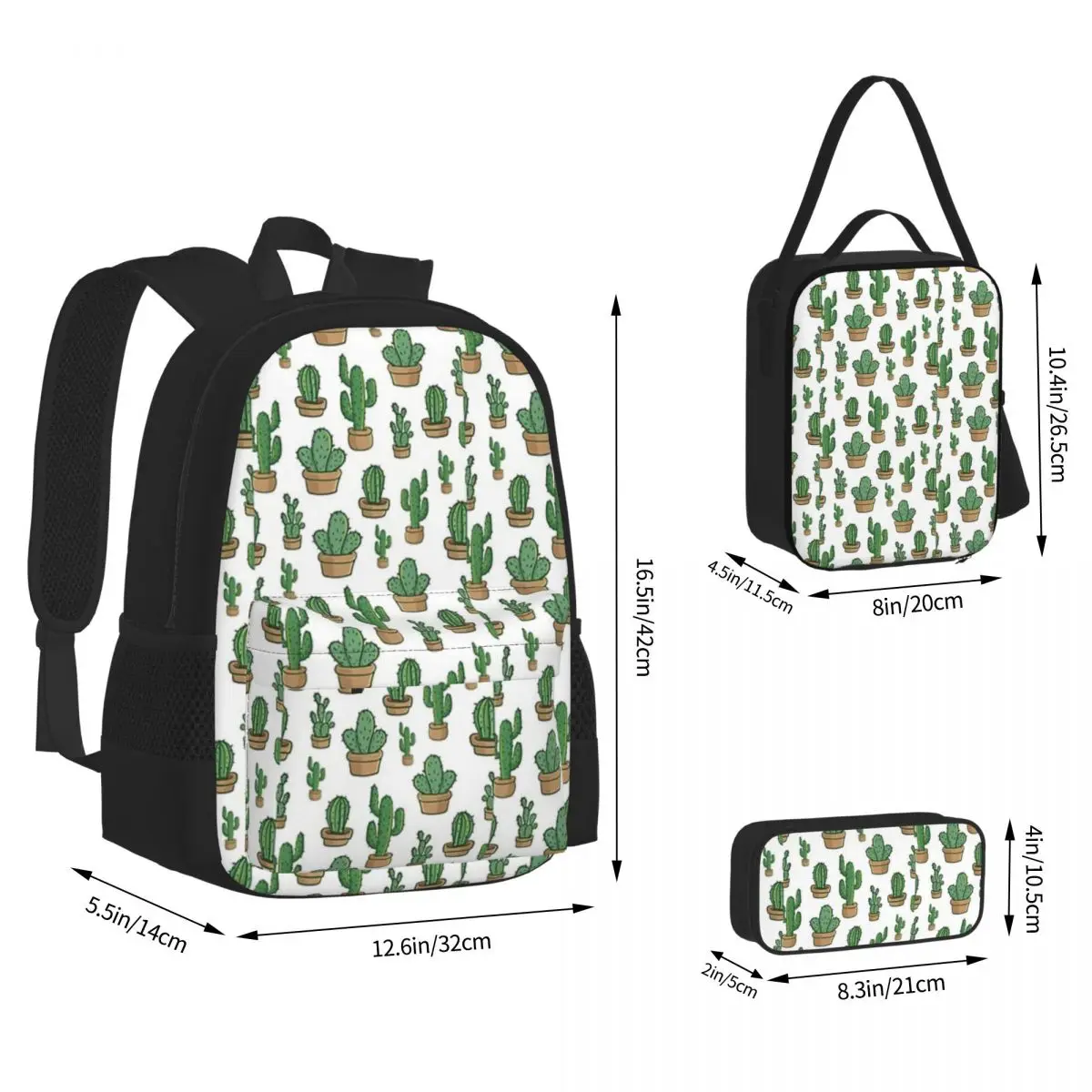 Cacto Flores Padrão Floral Mochilas, mochilas escolares, Bookbag, Mochila, Lunch Bag, Pen Bag, 3 Pcs Set