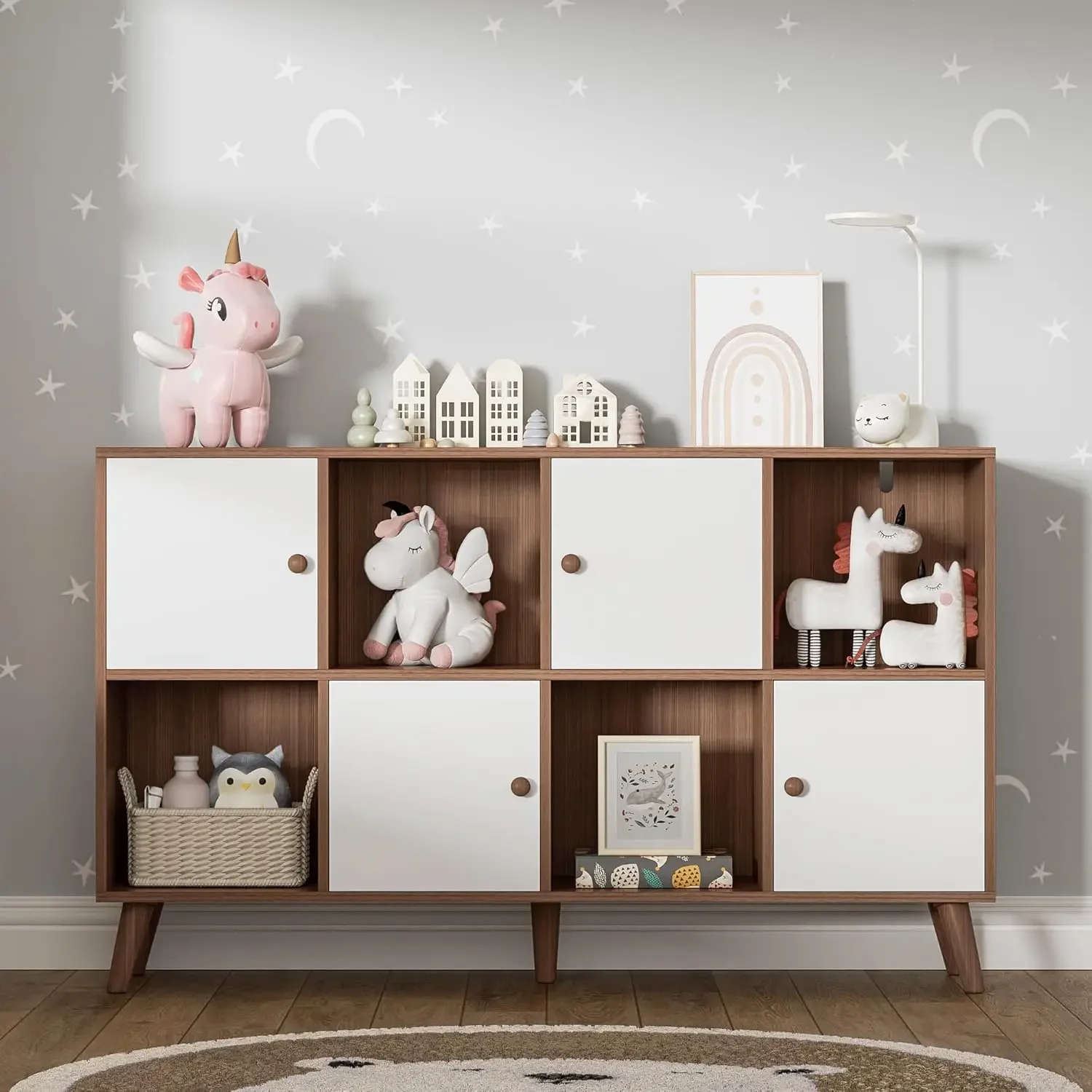 Brown and White 8 Cube Organizer Set of 2, Wooden 8 Cubby Display Bookcase, 2-Tier bookshelf with Doors, Storage Cabinet