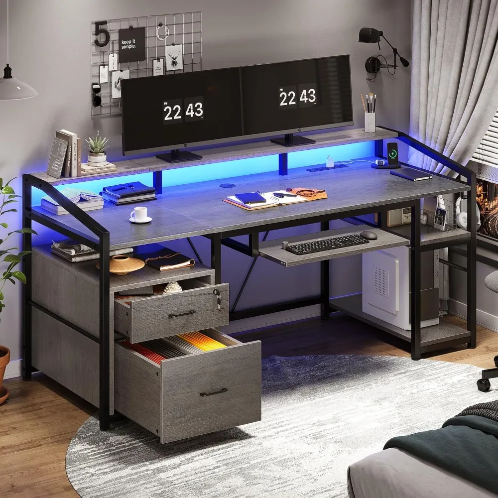 

Office Computer Desk with Lockable Drawers,Storage Cabinet with LED Lights and Power Outlet,Home Office Desk,Large Gaming Desks