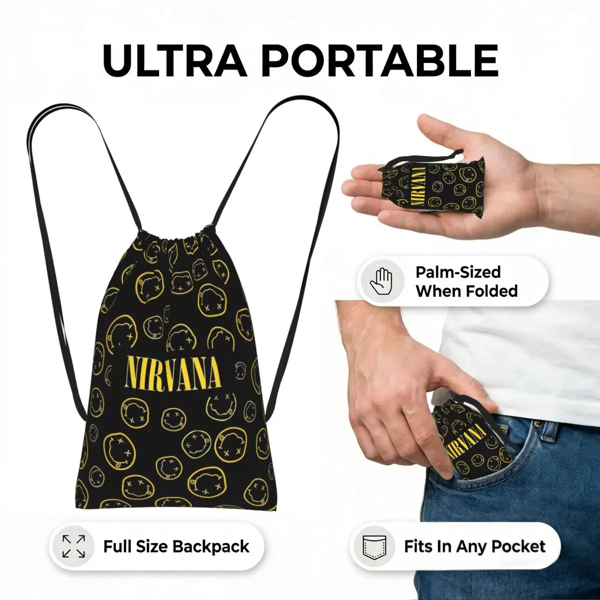Nirvanas One Sided Smile 18 Drawstring Backpack Sports Gym Bag Lightweight Foldable Storage Drawstring Bag for Men Women