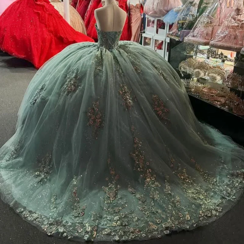 Customized Shiny light green Off Shoulder Quinceanera Dress Tull Lace layering 3D flower applique vestidos de 15 Quinceanera