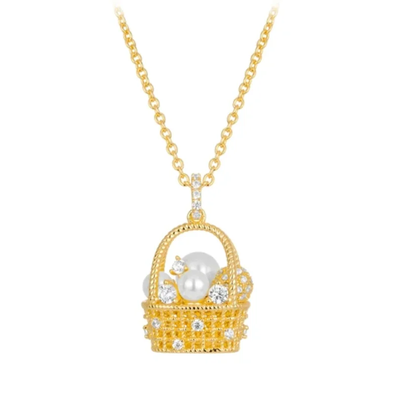 

BELLUX Pendant Chain 925 Silver Synthetic Zircon Gold Woven Hollow out Shell Pearl Flower Basket Unique Design Necklace