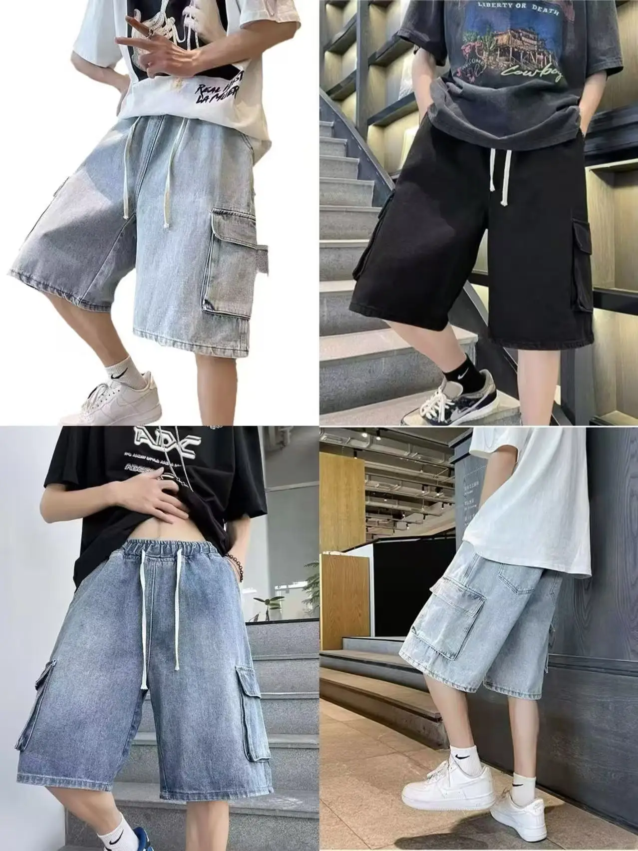 

Men's summer fashion casual versatile jeans trend retro multi pocket loose jeans elastic waist drawstring jeans