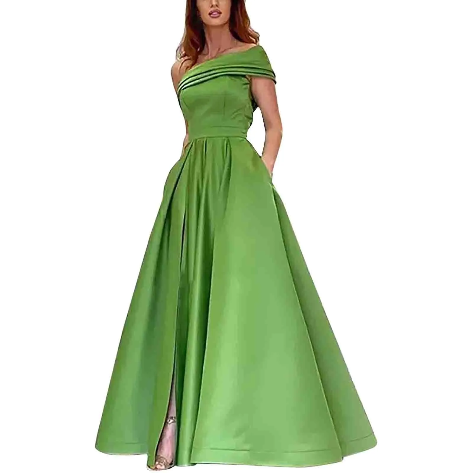 Women's Formal Dresses Foreign Trade One Shoulder Satin Dress Evening Dress Birthday Party Tutu Skirt Green High Slit Sexy Dress