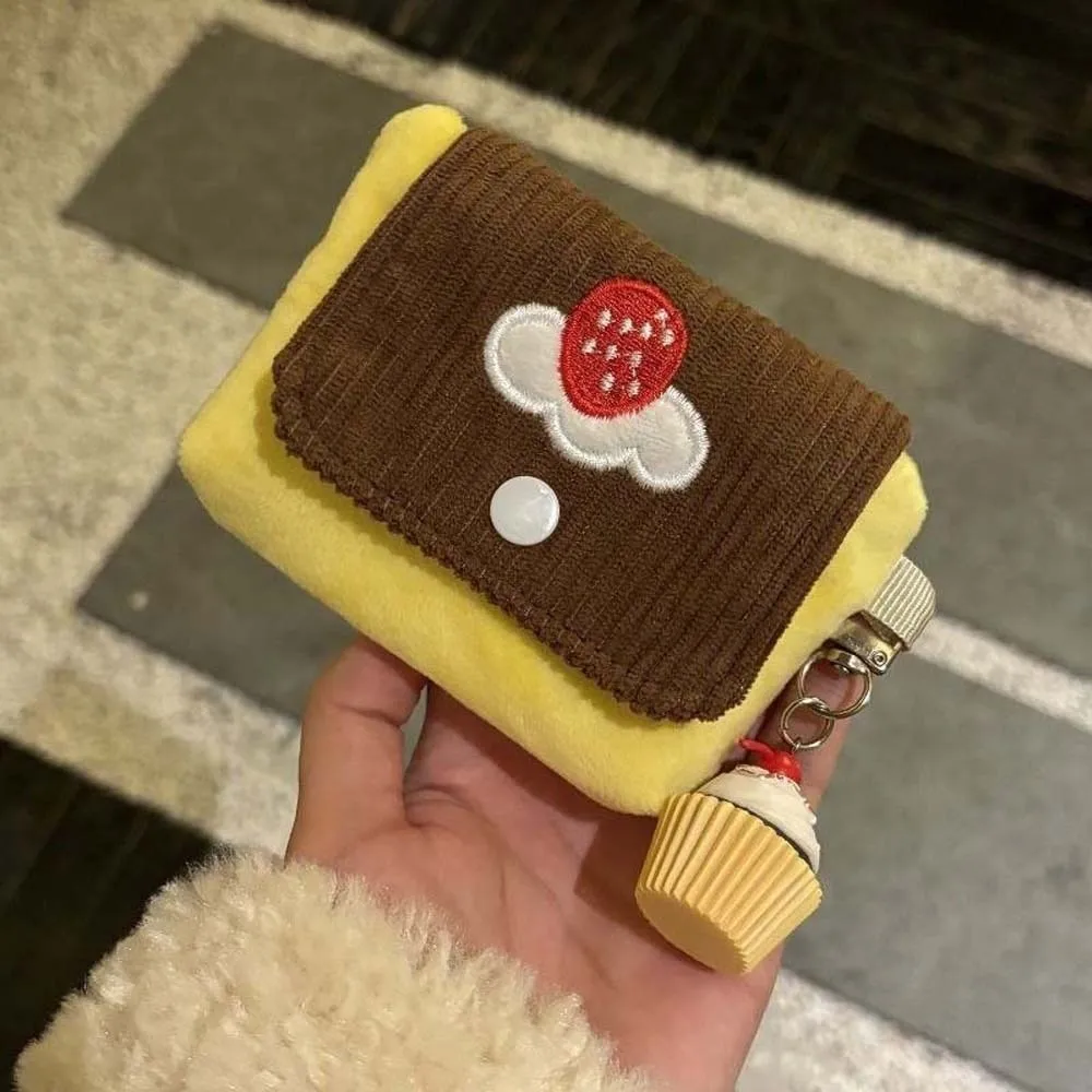 Cherry Pudding Design Coin Purse Soft Velvet Compact Dimension Mini Pouch Wallet Cute Cake Embroidery with Cake Key Chain