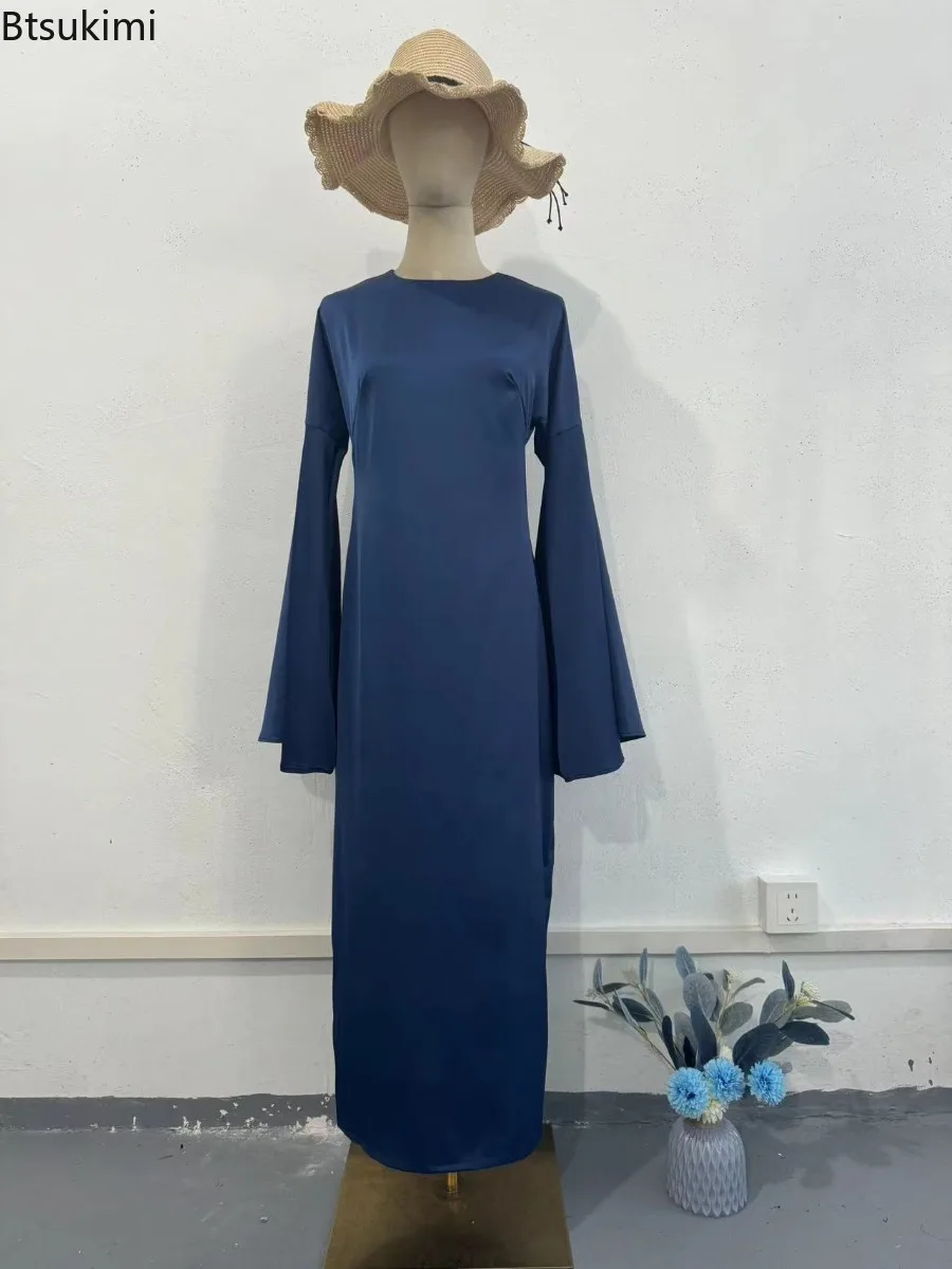 2025 Spring New Women's Slim Satin Maxi Dress Fashion Flared Sleeve Elegant Party Robe Eid Muslim Modest Abayas Islamic Clothing