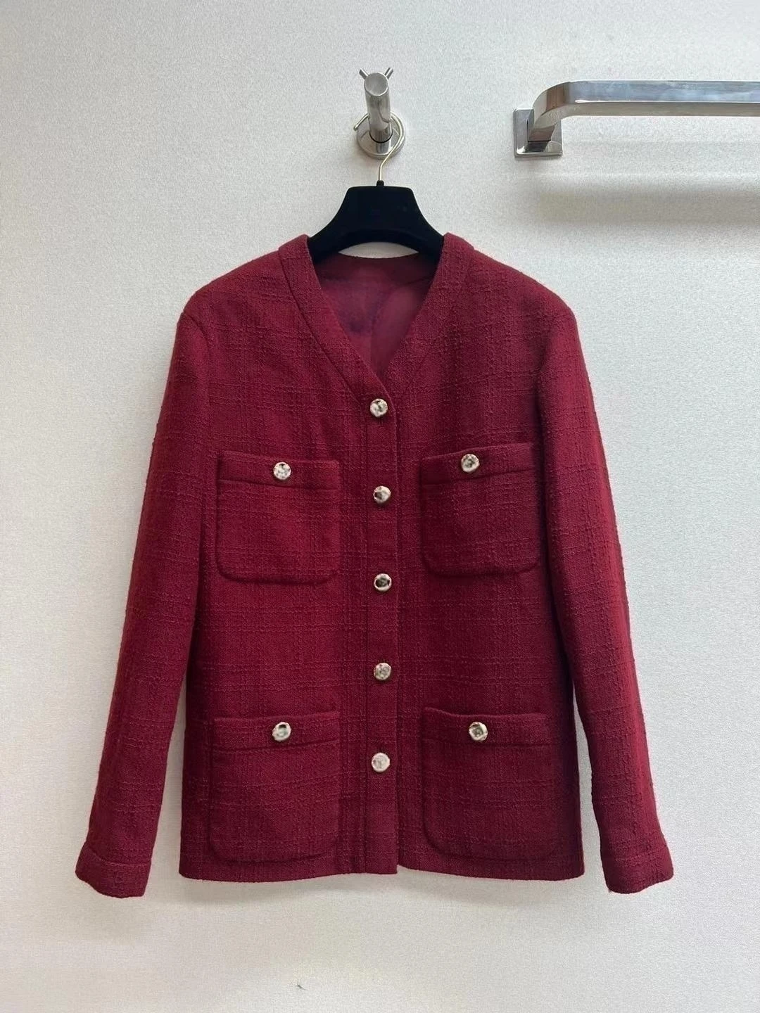 

Brand New 2023 Autumn Fashion Women High Quality Deisgner Wool V-neck Pockets Tweed Coat C773