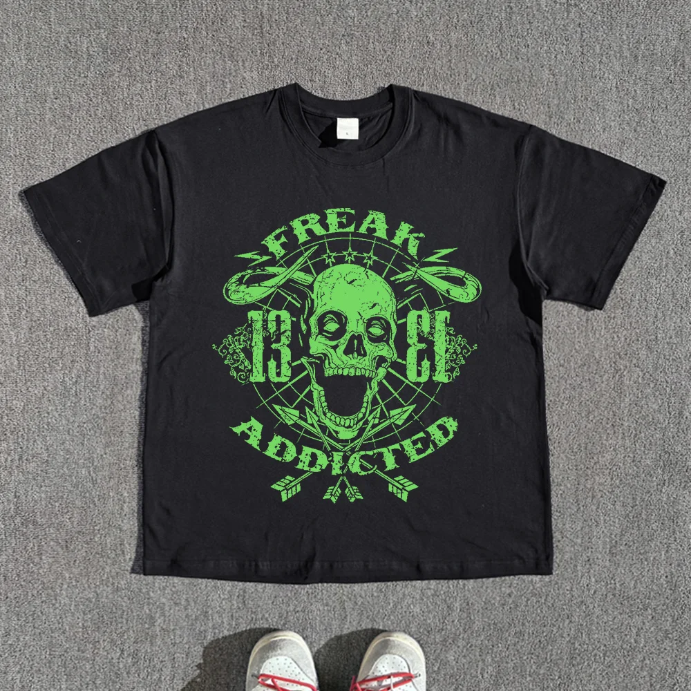High Street Trendy Fluorescent Green Skull Design Short-sleeved T-shirt with A Sense of Style and Fun