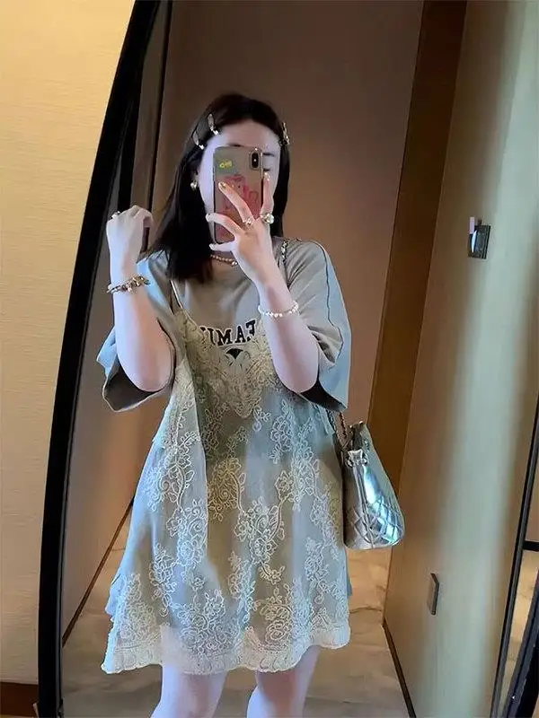 

plus Size 300 Pounds Lace Splice Short Sleeve T-Shirt Women Summer Loose Casual Top High Waist A-Line Skirt Commute Style Pol...