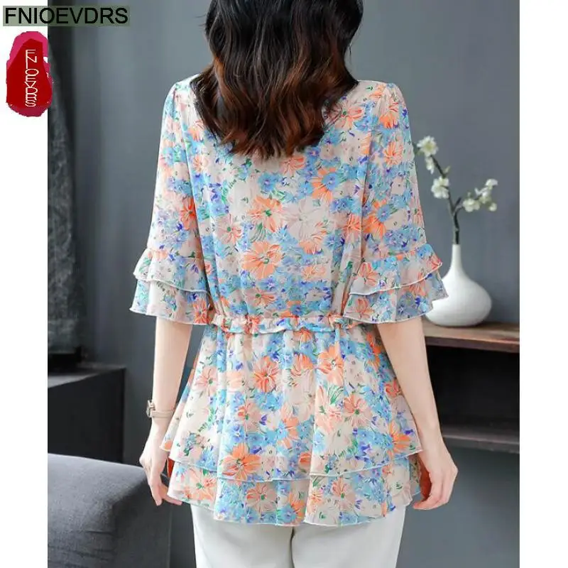 S-4XL Loose Clothes 2024 Women Summer Flare Sleeve Elegant Ruffles Shirts Casual Retro Vintage Floral Print Bow Tie Tops Blouses