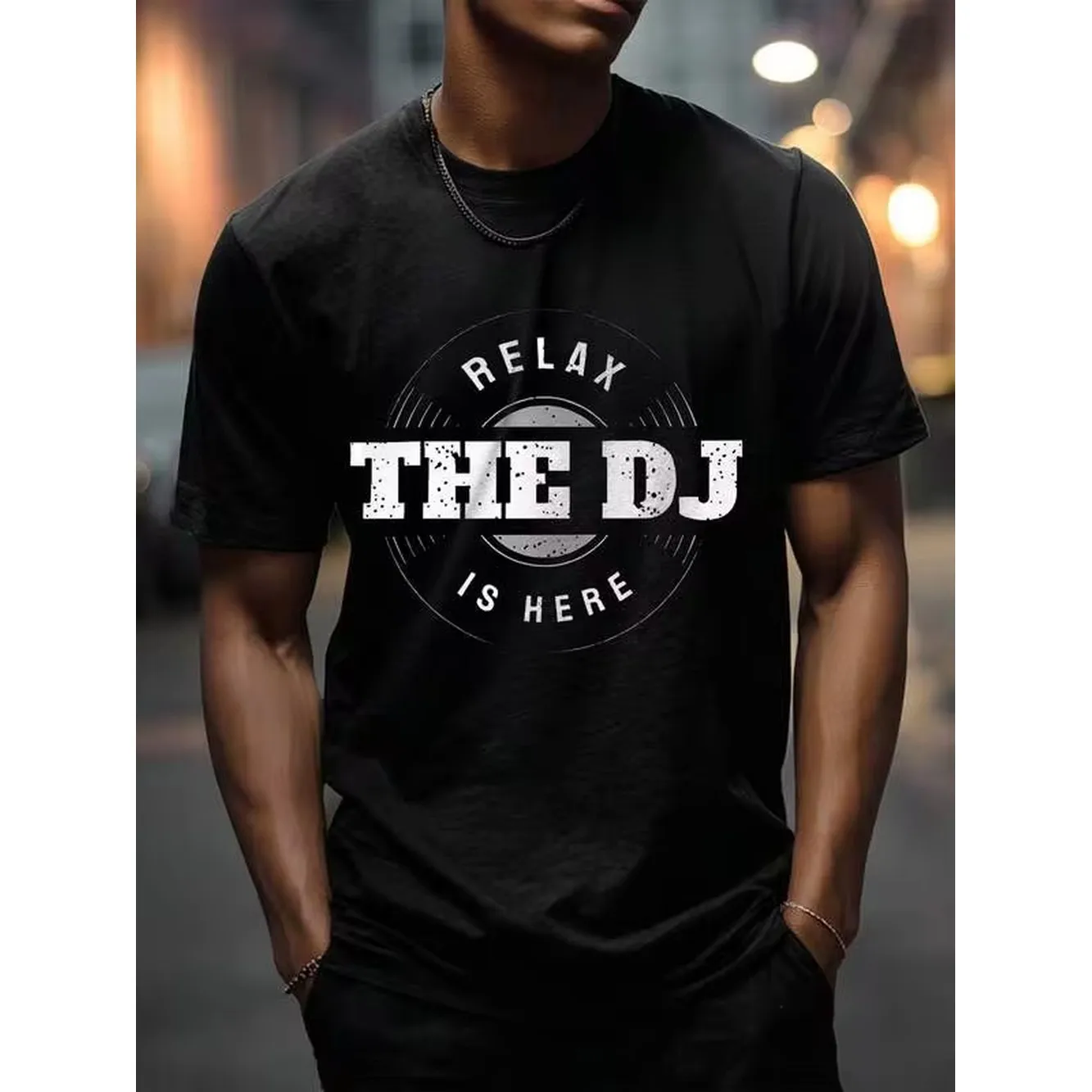 1pc Man' DJ Music Print Black TShirt Crew Neck Casual Cotton Tee Medium Stretch Knit Fabric Regular Fit For Boys Man Perfect For // Wear