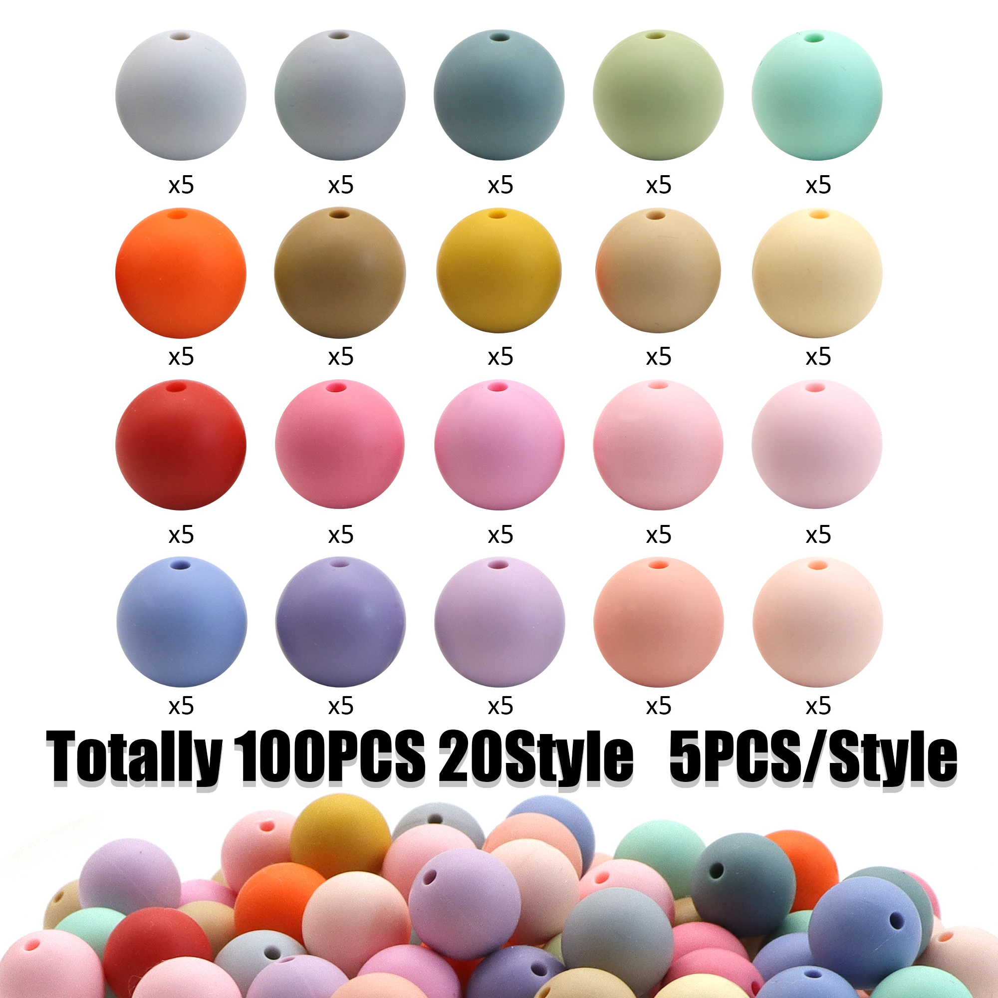 100pcs 15mm Baby Round Silicone Beads DIY Teethers Toys Keychain Pen Pacifier Chain Bracelet Silicone Teething Beads