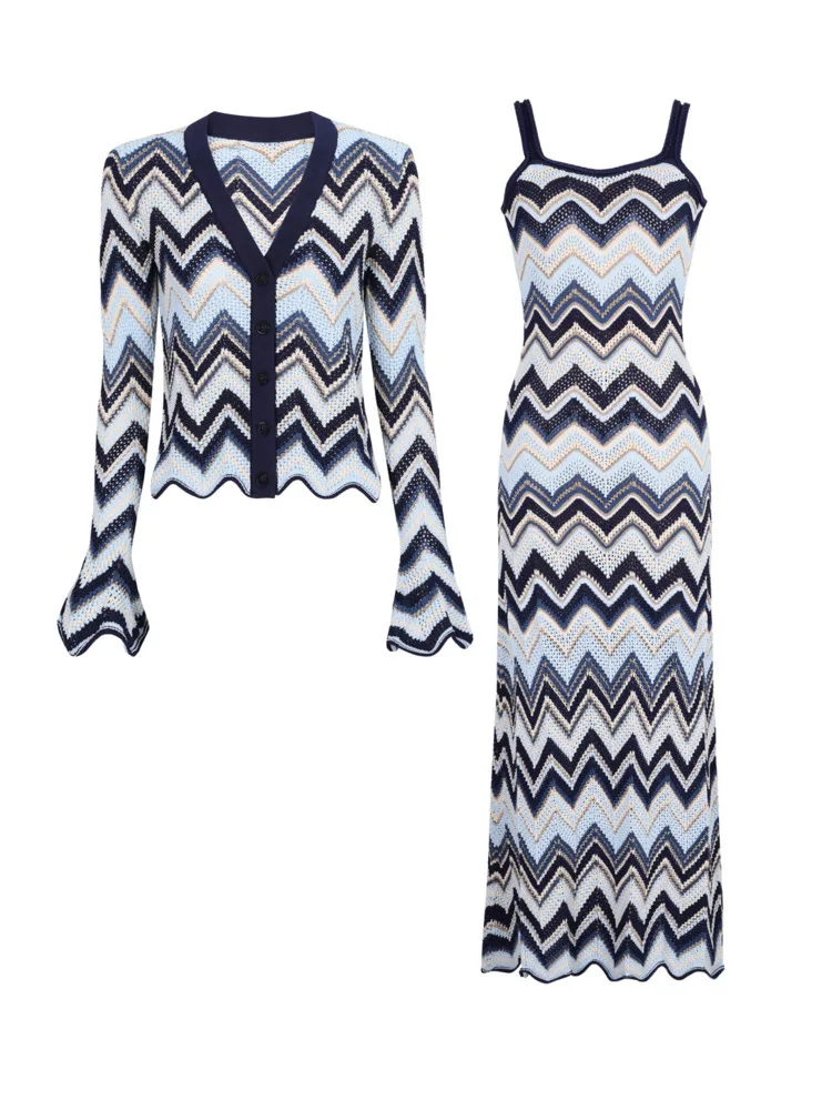 KWTX 2025 Damesset Mode O-hals Lange mouw Korte tops Slip Streep Taille Gebreide jurk Losse broek Avondfeest Herfst Nieuw - afbeelding 2