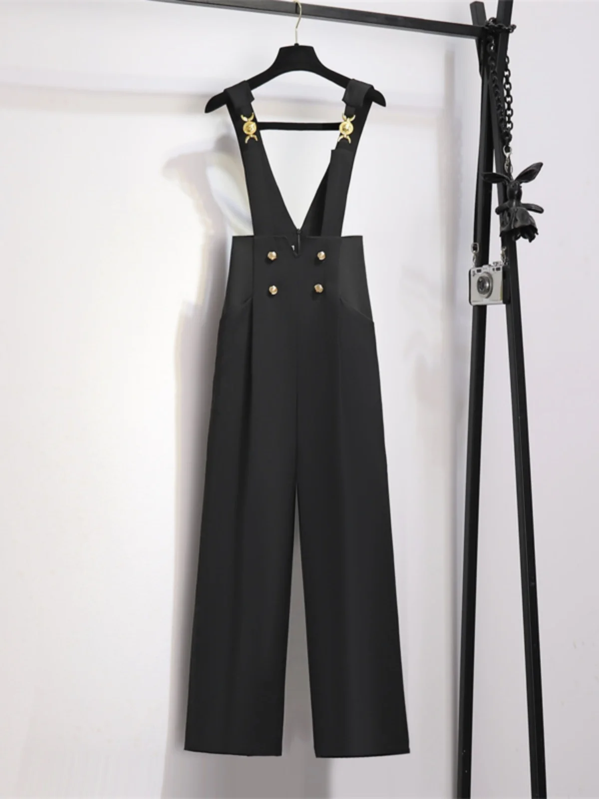 

Ele Bla Bib Overalls Women's Spring Faion High Waist Slimming Wide Leg Suit One-Piece Pants Commute Sle Polyester F...