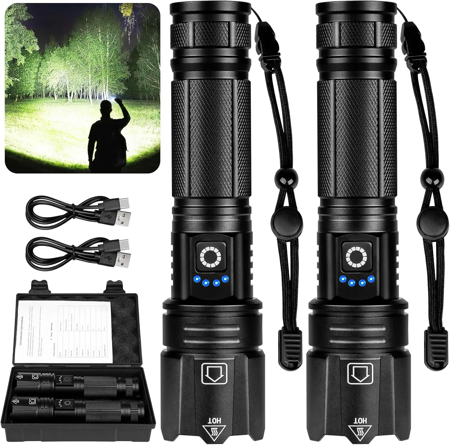 

Rechargeable LED Flashlight 90,000 Lumen, 2-Pack High Brightness with 5 Modes for Camping, Hiking, Home Use