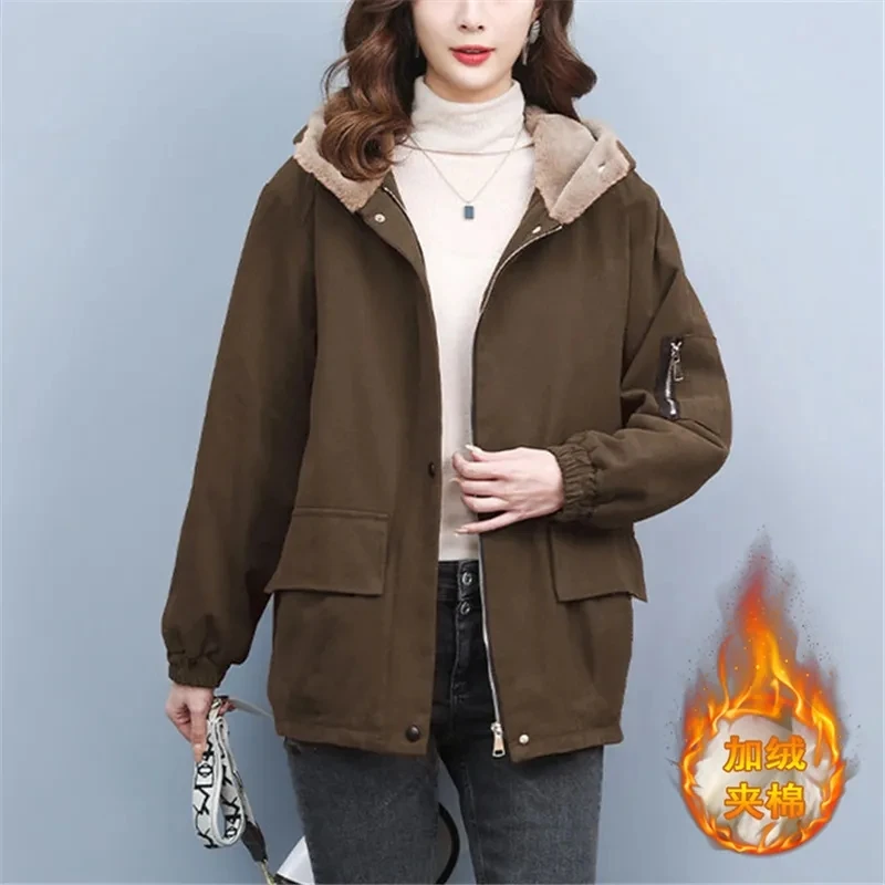 2025 herbst/Winter Neue Plüsch Verdicken Parkas frauen Koreanische Ausgabe Medium Lange Mit Kapuze Baumwolle Jacke Weibliche Lose beiläufige Mantel