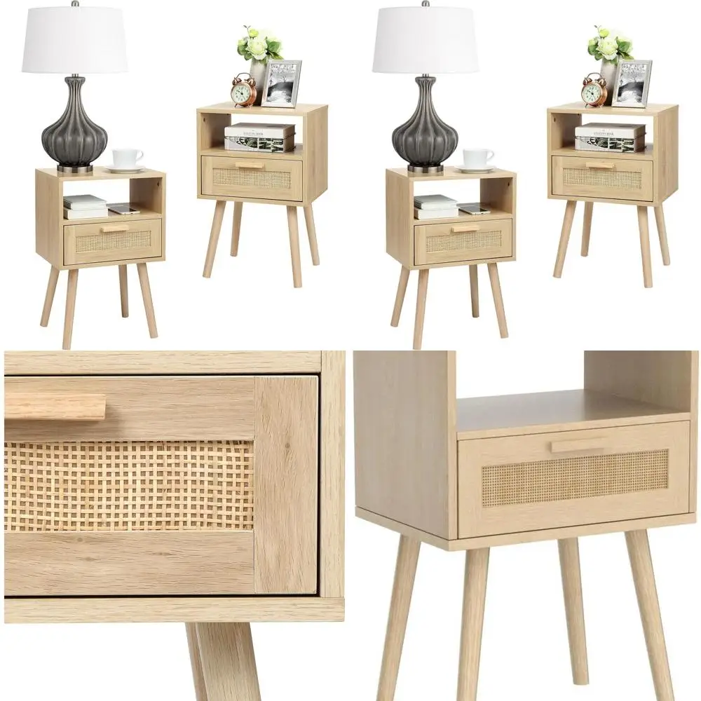 

Пара тумбочек из натурального ротанга с ящиками для хранения вещей для спальни, деревянные акцентные столы ручной работы