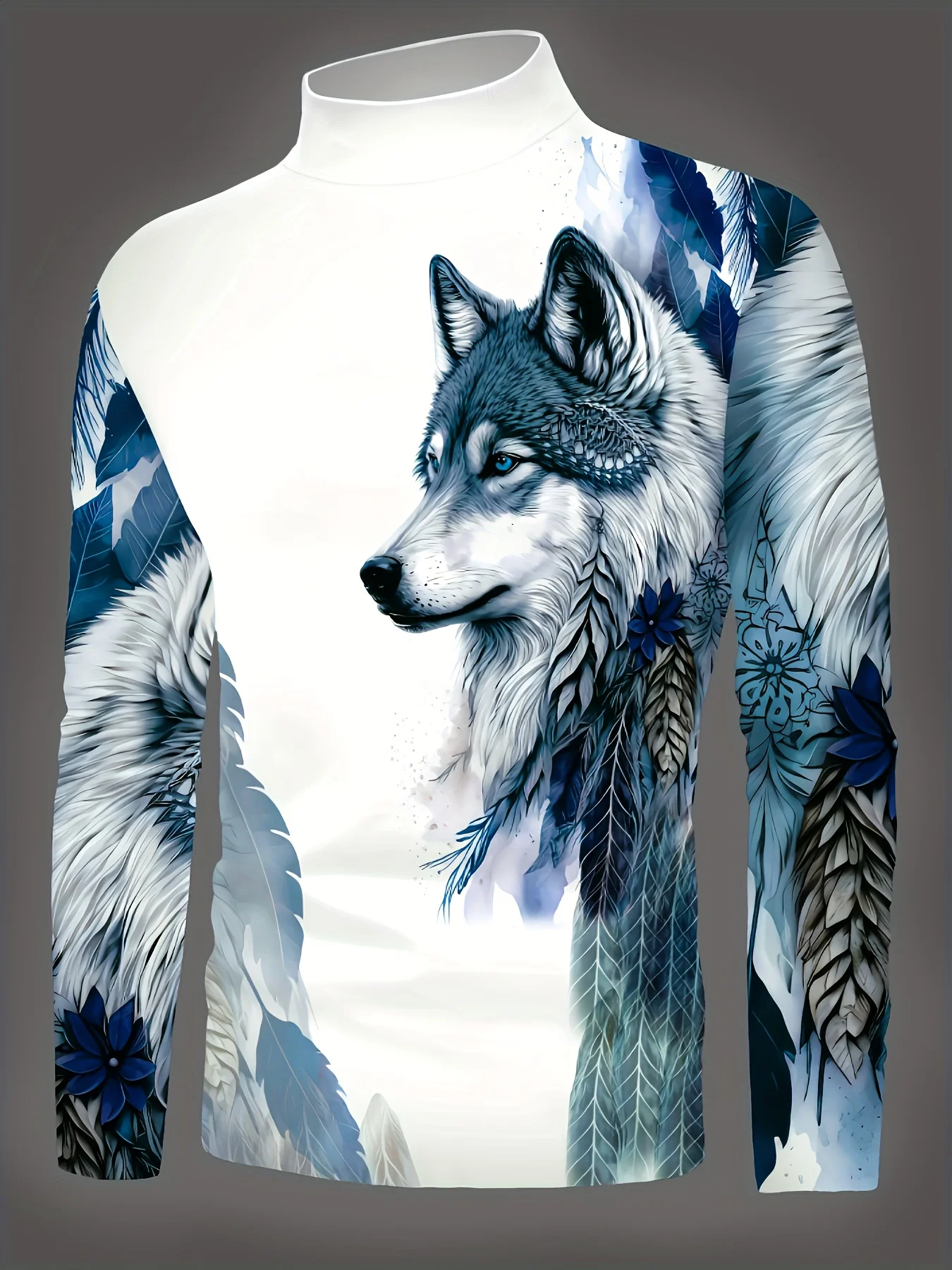 

Men's Autumn and Winter Wolf Totem Full-Print Casual Comfortable Mid-Rise Long-Sleeve T-Shirt, suitable for casual outings, holi