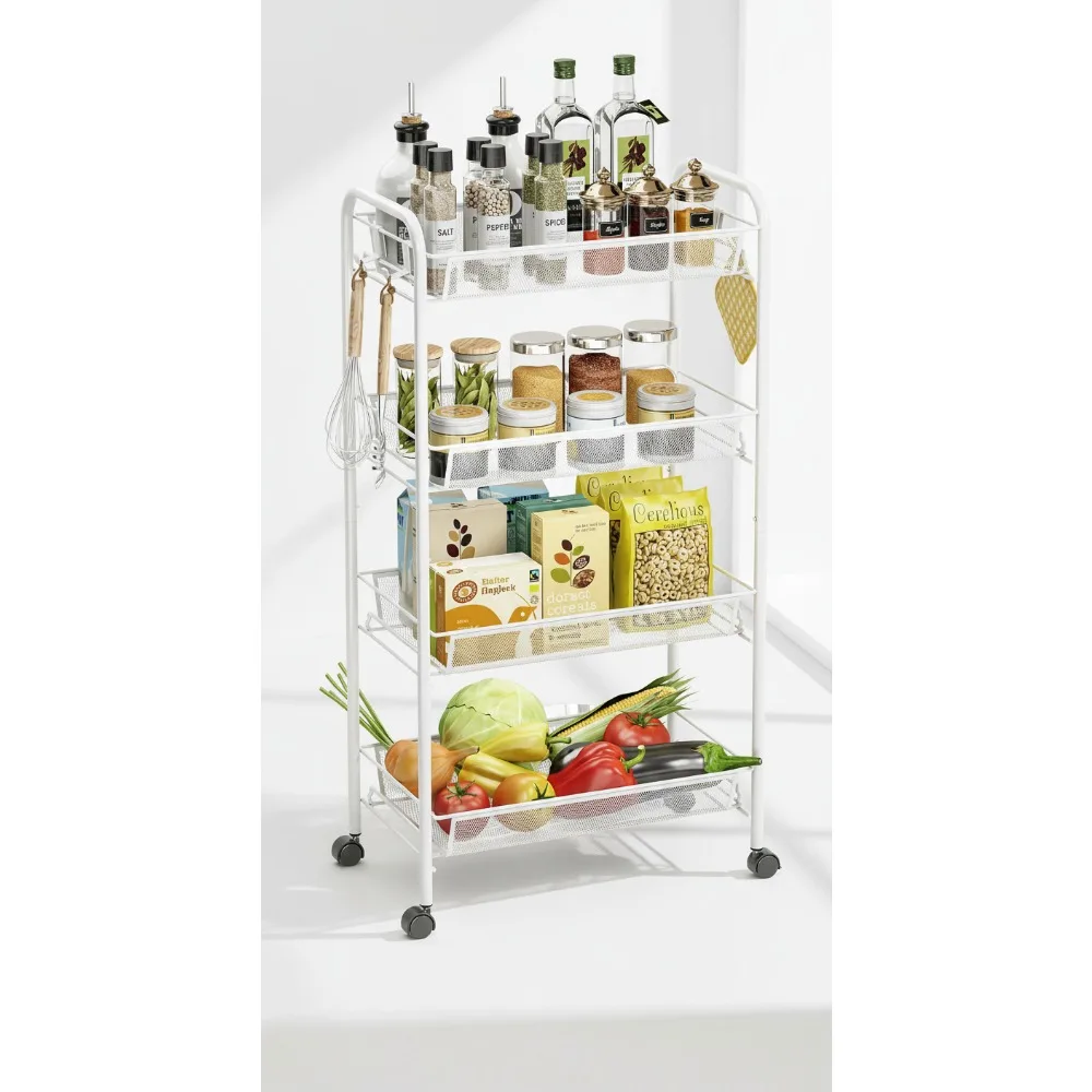

4-Tier Rolling Utility Cart with Hooks, Easy Assembly Mobile Storage Trolley for Kitchen Bathroom Laundry