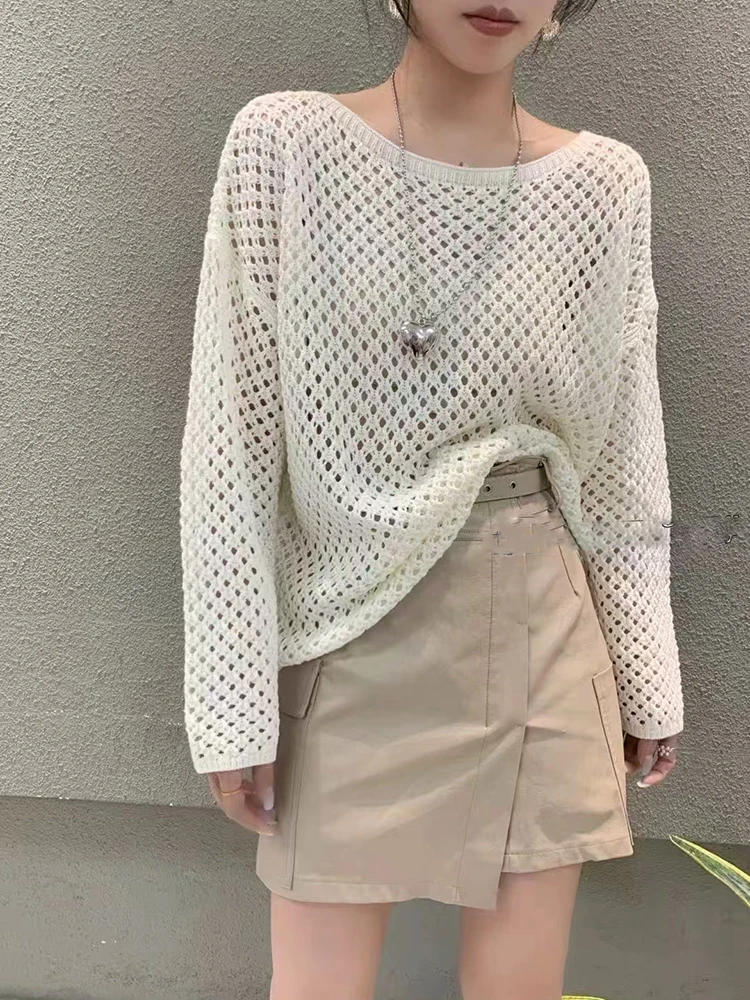 

Свободный корейский женский вязаный топ с круглым вырезом и ажурной вязкой, тонкий, для весны и осени, с длинными рукавами, защита от солнца, дышащий трикотаж