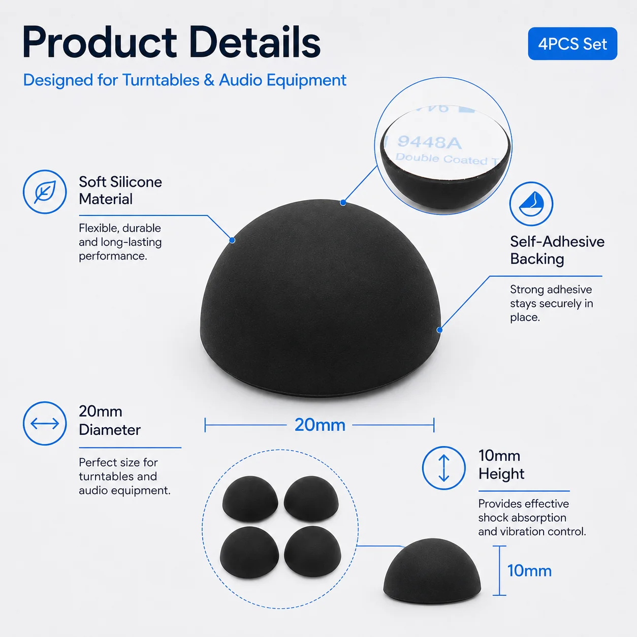 4PCS 20mm Self-Adhesive Silicone Turntable Isolation Feet Anti-Vibration Shock Absorbing Pads for Vinyl Record Player Phonograph