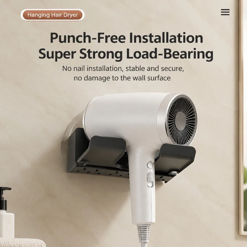 1Pc New Punch-Free Hair Dryer Storage Rack Wall Mounted White Black Grey Hair Dryer Bracket Plastic Hair Dryer Stand Bathroom