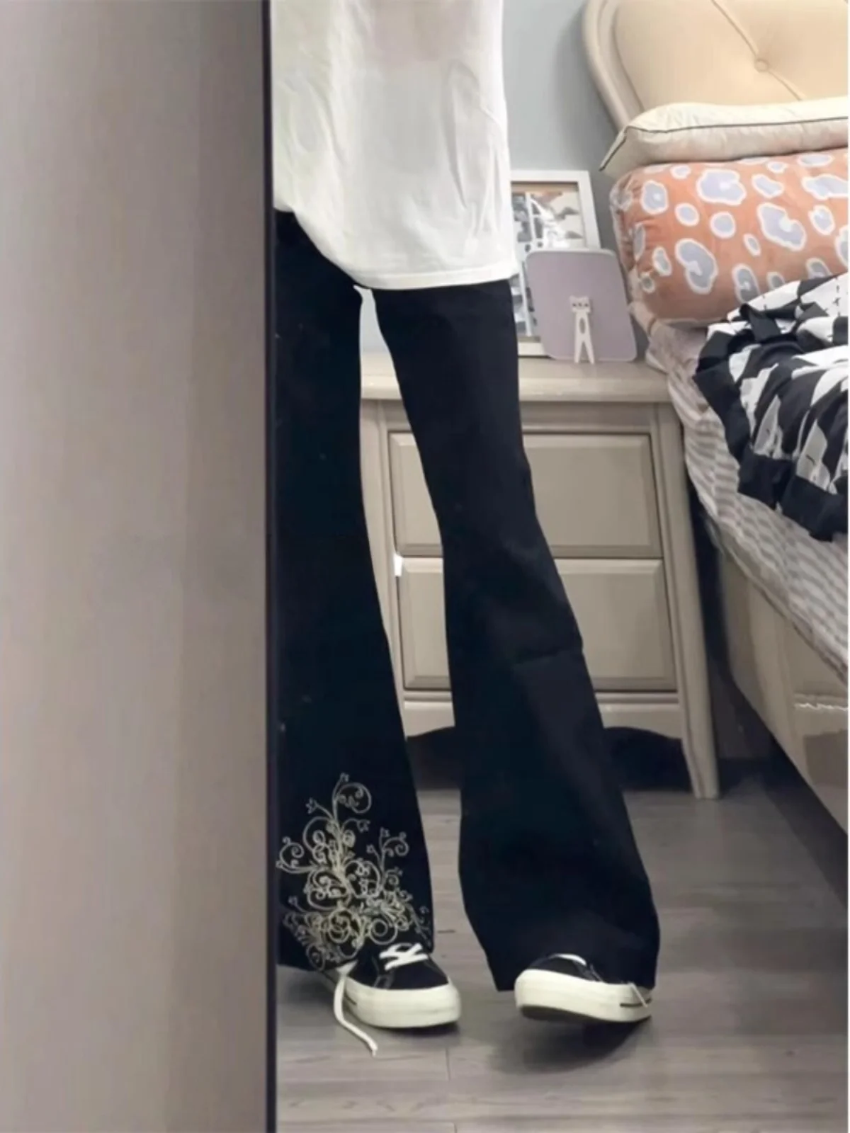 

American High Street Sle Loose Fit Straight Leg Jeans Men's Bla Micro Flared Casual Trousers Autumn Faion Embroidery