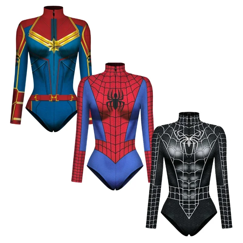 

Women Superhero Spiderman Cosplay Bodysuit Captain Zip Up Spider-Man 3D Printed Long Sleeve Swimsuit for Halloween Role Play