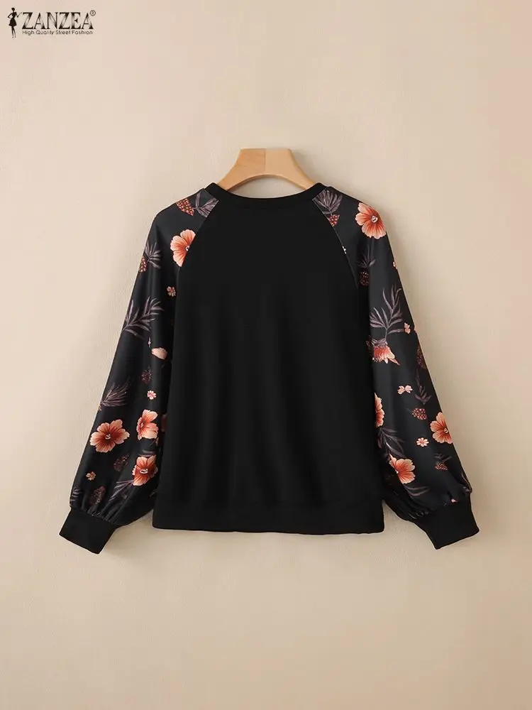 Stylish Women Sweatshirts ZANZEA 2025 Autumn Long Sleeve Floral Print Pullover O Neck Knitted Sweatshirt Patchwork Hoodies Tops