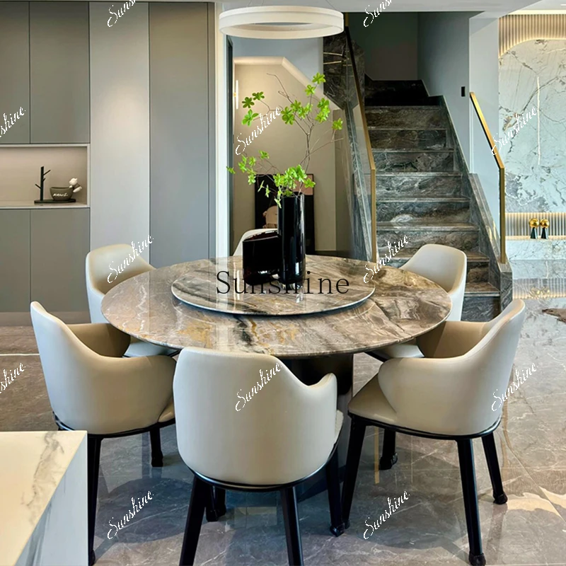 

Natural luxury stone dining table round with turntable high-end villa home dining table FT