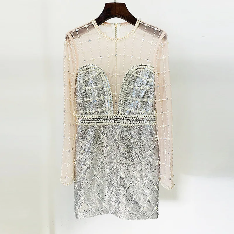 

2024 New Star Fashion Pearl Heavy Industry Nail Bead Sequin Long Sleeved Mesh Dress