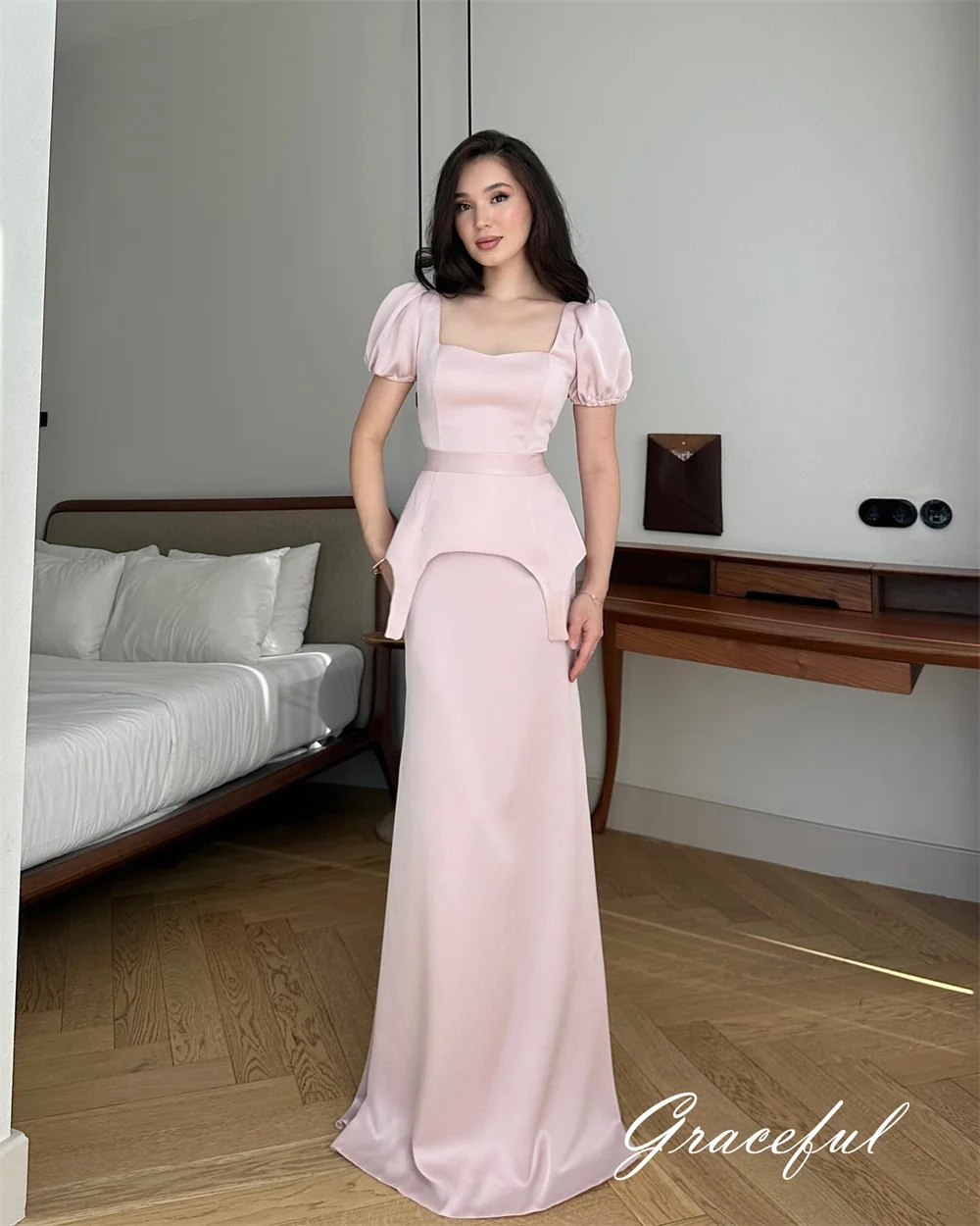 Vestido de noche de satén rosa Simple personalizado, vestido de fiesta de manga corta con cuello cuadrado a la moda, largo hasta el suelo Formal, Celebri