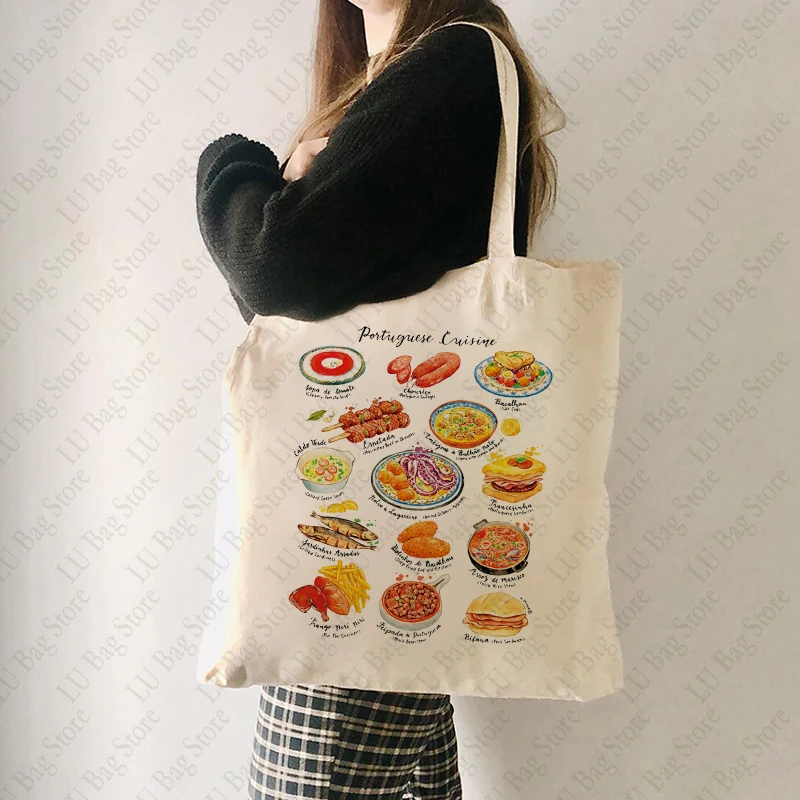 Portuguese Cuisine Tote Bag Portugal Travel Gifts Portugal Shoulder Bags Portuga Trip Merchandise Pattern Canvas Shopping Bag