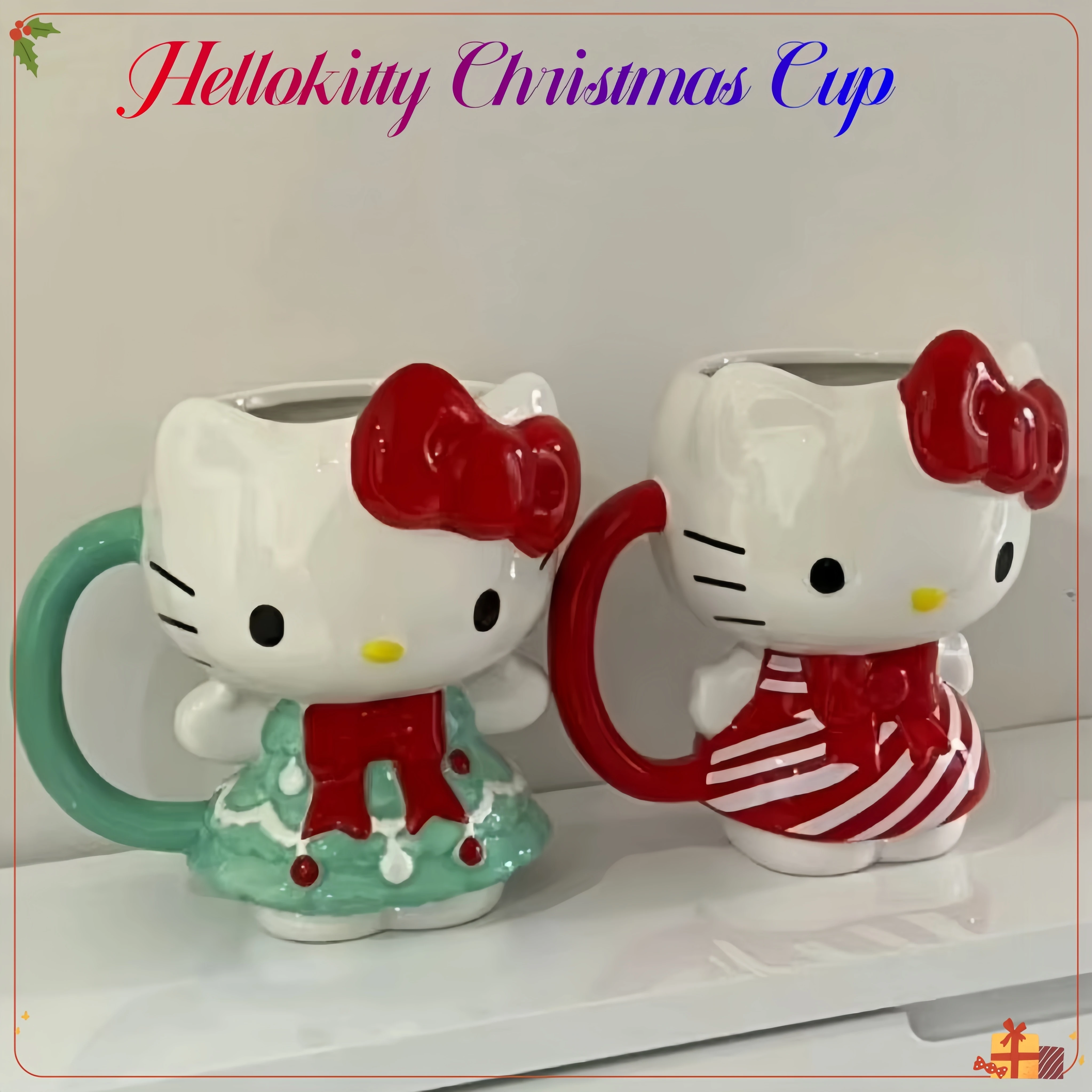 HelloKitty character peripheral Christmas red and green color Kitty ceramic mug holiday home decoration kawaii children's gift