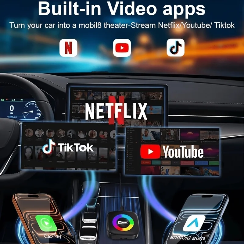 Car Wireless CarPlay AI Media Box, 4K HD Video Playback Adapter with RGB Ambient Lighting, Built‑in Netflix YouTube Streaming, Simple Plug‑in for Factory Wired CarPlay‑Equipped Vehicles