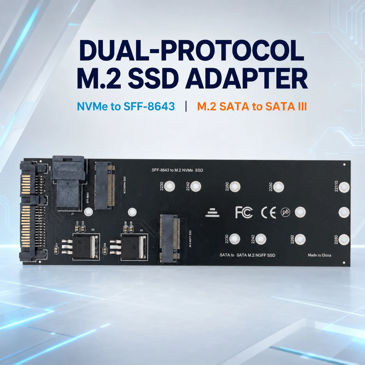 M.2 NVMe to U.2 SFF-8643 Adapter Dual Channel SATA NGFF to SATA 3.0 SSD Converter Board for PC Server Storage Expansion
