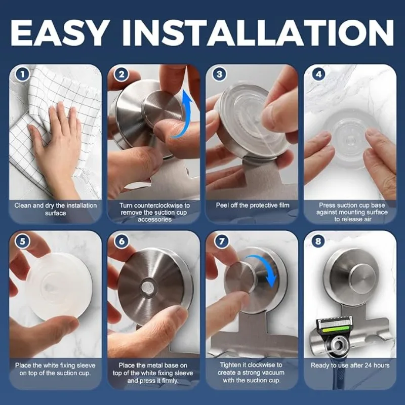 Saugnapf-Rasiererhalter für die Dusche, robust, aus Edelstahl, ohne Bohren, Wandhaken, Badezimmer-Aufbewahrung für Rasierer, Handtuch, Luffa – Detail 6