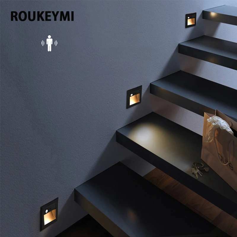 ROUKEYMI Indoor Ressessed In Wall Lamp Modern Home Night Corner Led Ladder Sconce Fixture Nordic Interior Sensor Stairs Light