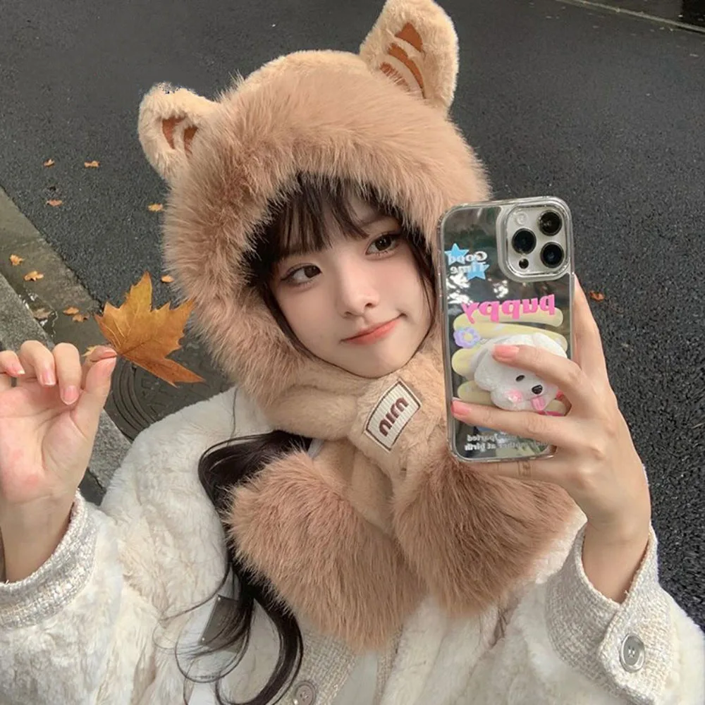 Winter Scarf Hat Sets for Women Cute Tiger Ears Furry Thick Hooded Fur Bonnet Plush Thicken Neck Warmer Scarves Two-Piece Set