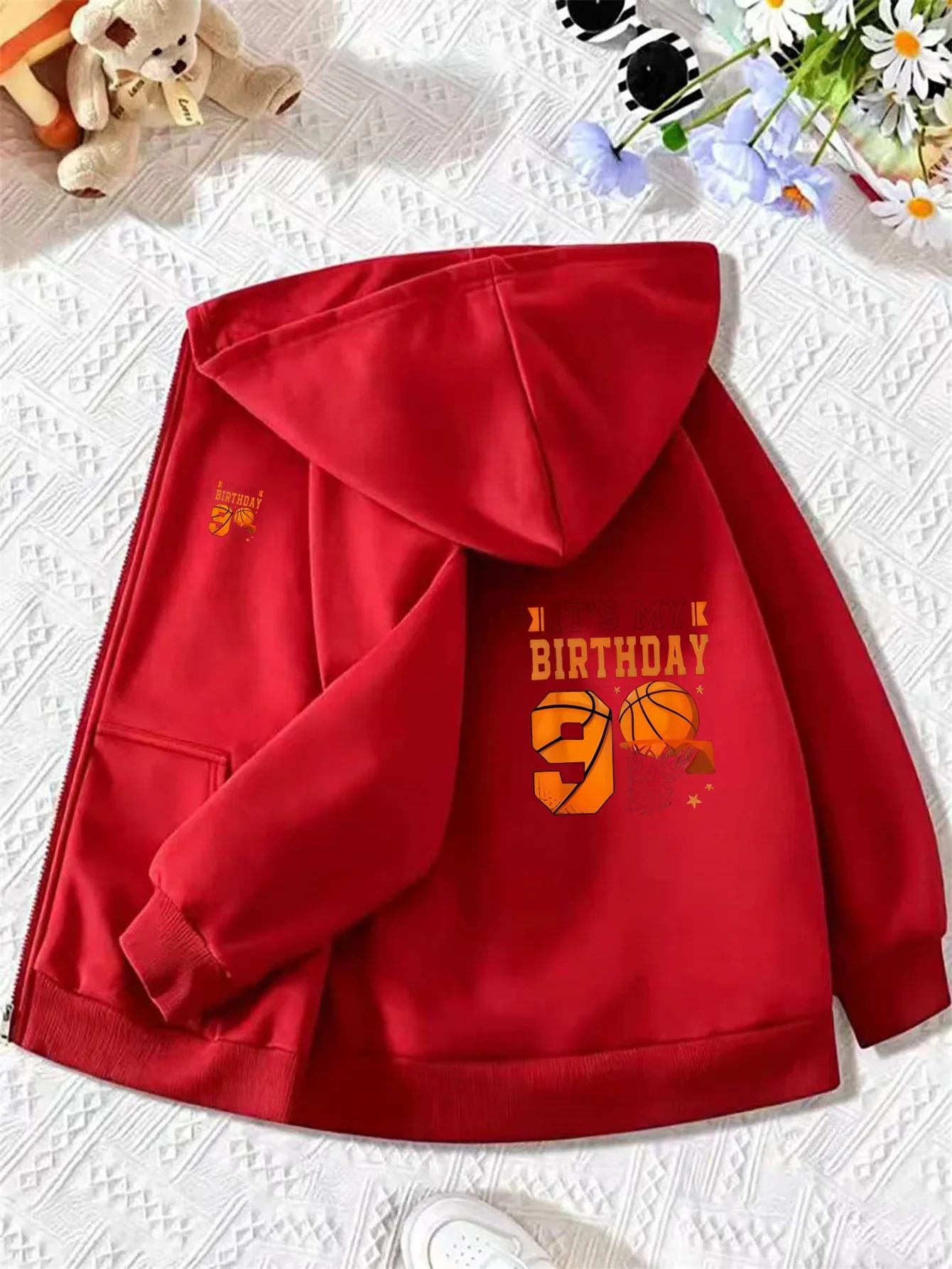 Kids Its My Birthday Number 9 Basketball Graphic Zip Up Hoodie Loose Long Sleeve Hooded Jacket Birthday Party Outerwear For Boys