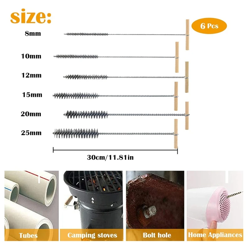 6 Piece Drill Hole Brush Set Hole Brush Cleaning Brush Pipe Cleaner Brush Stainless Steel Hole Brushes Cleaning Brush-A73M - view 3