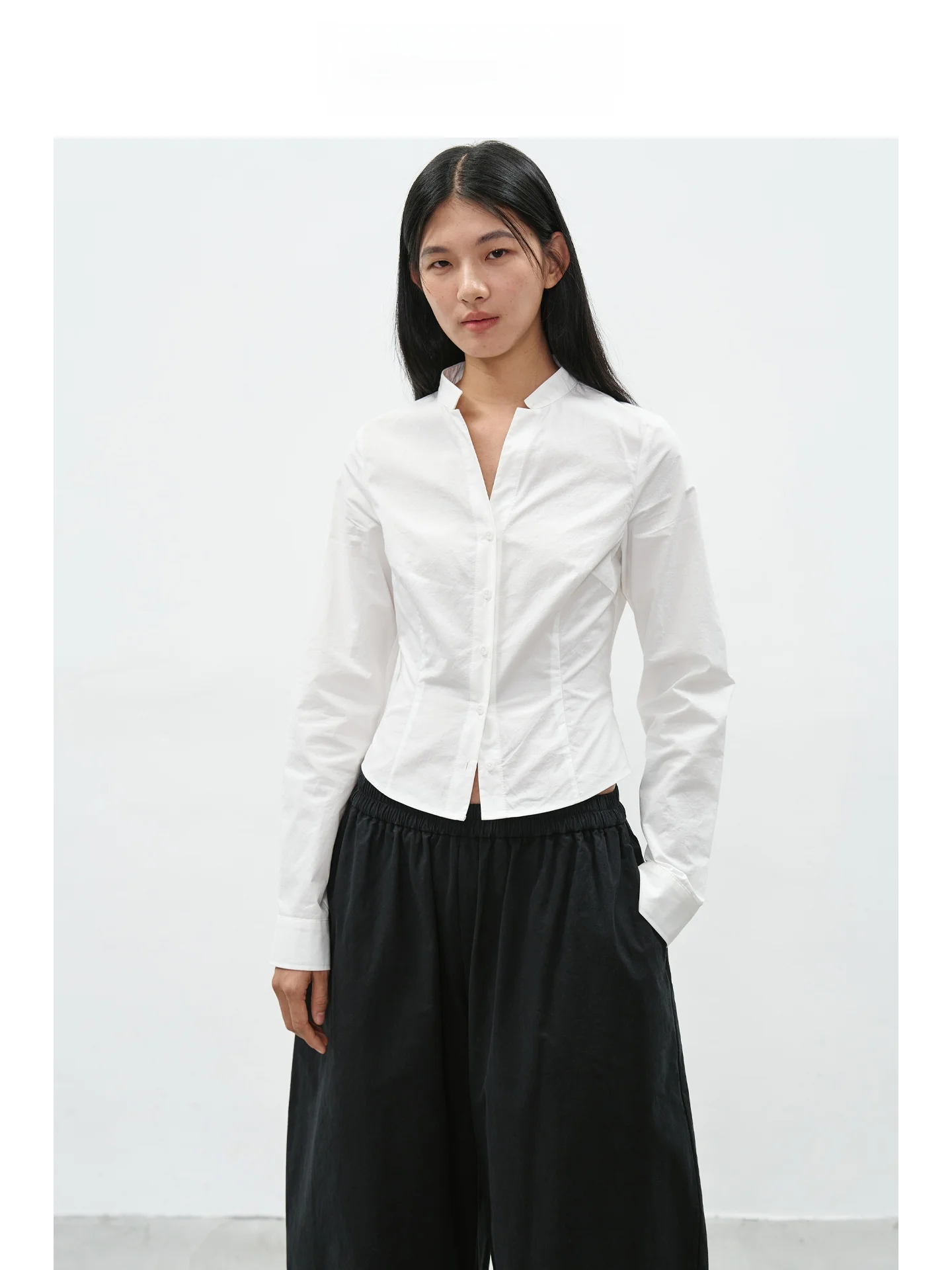 

EIGHTHMONTH White Long Sve irt Women's Slim Fit Stand Collar V Ne Belted Spring New Sle Casual Faion Casual Wind