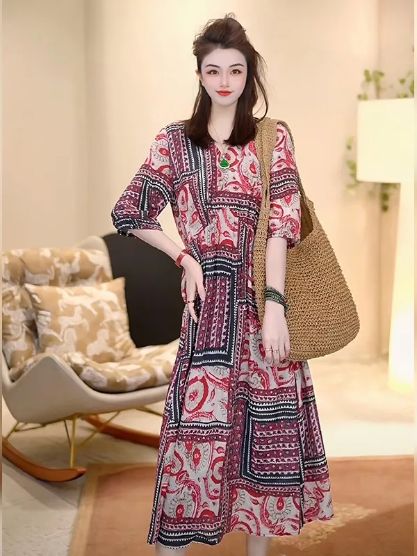 

Vintage Print Dr High Waist A-Line Skirt ort Sve V-Ne Summer Faionable Women's Dr Linda's Premium Line