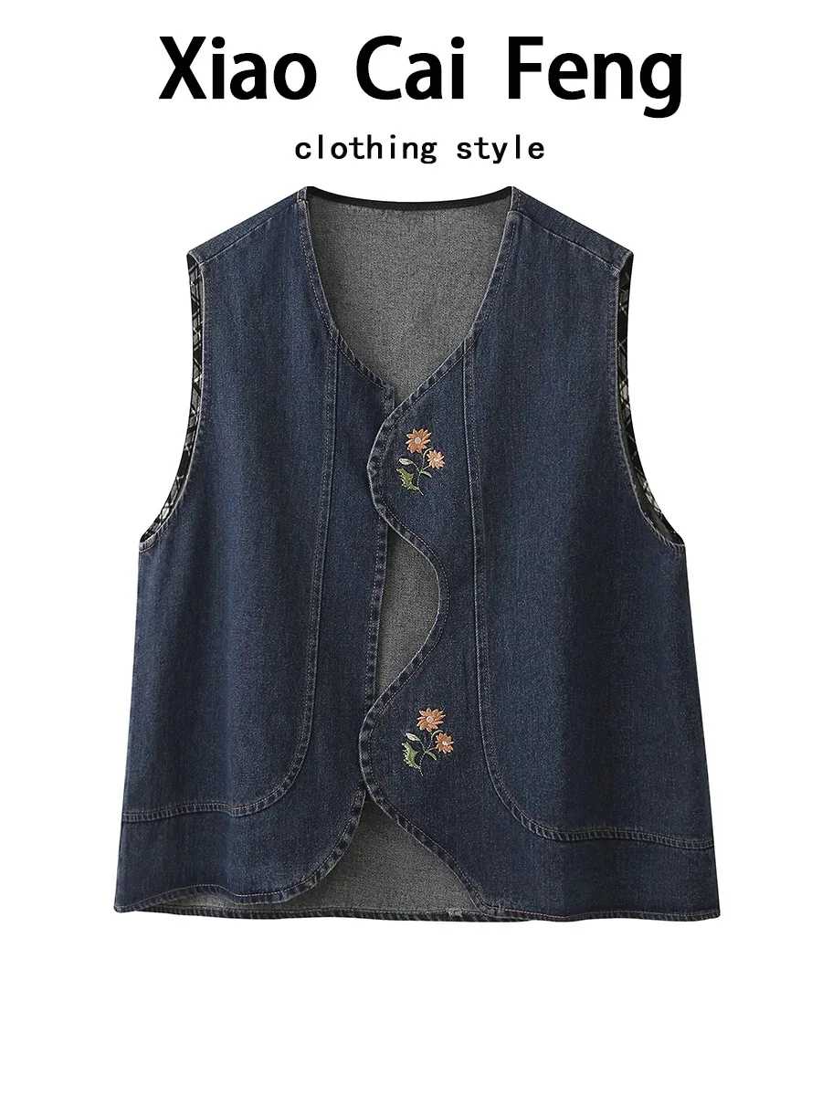

Новый китайский джинсовый жилет с вышивкой, женский летний свободный универсальный топ с v-образным вырезом из смеси хлопка